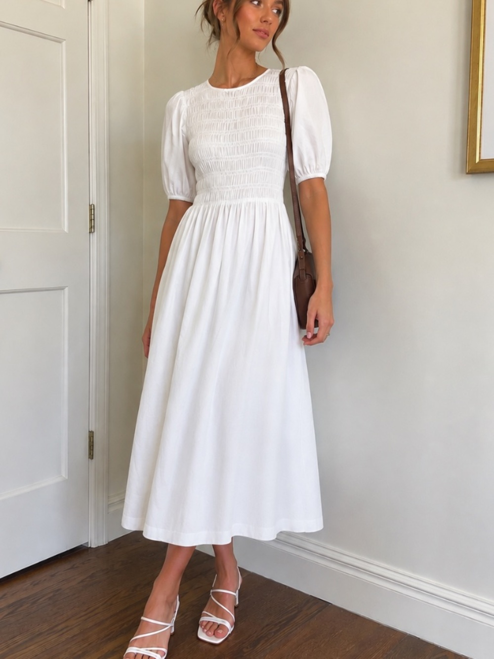 Lucy Paris White Smocked Puff Sleeve Midi Dress Romantic NWT S